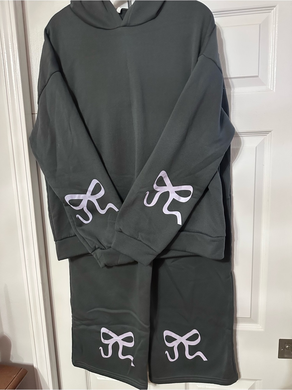 Dark Gray Fleece Hoodie & Wide Leg Pants 2-piece Set with Lilac Bow Graphics